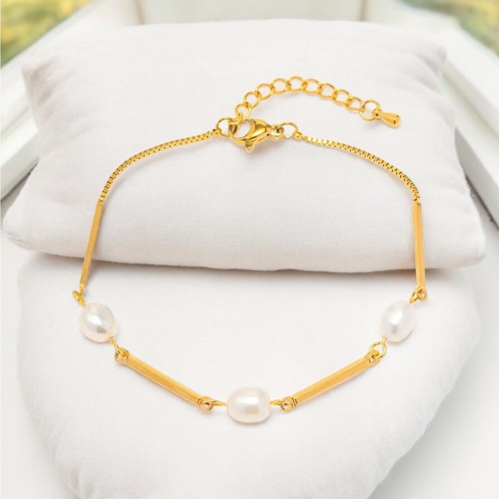 NEW 18K karat yellow gold plated chain freshwater pearl bracelet jewelry B5A
